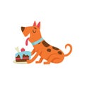 Cute dog eating cake, funny cartoon animal character at birthday party vector Illustration Royalty Free Stock Photo