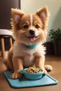 Cute dog eating food at home, sweet puppy looking straight