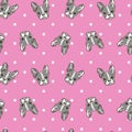 Cute Dog Face Cartoon Seamless Repeat On Pink Polka Dot Background