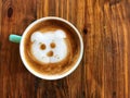 Cute Dog Face Latte Art Coffee In White Cup On Wooden Table