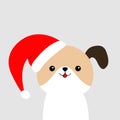 Cute dog face in red Santa hat. Merry Christmas. Funny kawaii doodle baby animal. Cute cartoon funny character. Puppy pooch. Pet Royalty Free Stock Photo