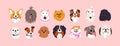 Cute dog faces set. Canine portraits, different doggies breeds. Funny puppies heads. Pups avatars. Happy Corgi, Komondor Royalty Free Stock Photo