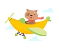 Cute Dog Flying on Airplane Made of Banana, Funny Adorable Animal in Transport Vector Illustration