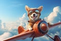 Cute dog flying on plane on bright sky, concept of Adorable pet
