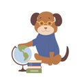 Cute dog with glasses with geography globe