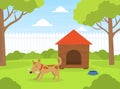 Cute Dog Gnawing Bone on Green Lawn Near Doghouse in Backyard, Beautiful Summer Landscape Flat Vector Illustration Royalty Free Stock Photo