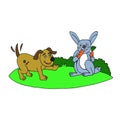 A cute dog is greeting a rabbit who is eating carrots cartoon illustration