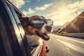 Cute dog with head out of the car window feeling the wind, motion blur. generative ai Royalty Free Stock Photo