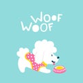 Cute dog with his bowl of food. Friendly Greeting Card - Woof Woof. Vector illustration of a white animal on a blue background in Royalty Free Stock Photo