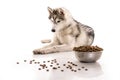 Cute dog and his favorite dry food on a white background Royalty Free Stock Photo