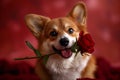 Cute dog holding flower in his mouth on red background. Love and romantic. Spring greeting card Royalty Free Stock Photo