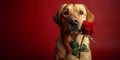 Cute dog holding flower in his mouth on red background. Love and romantic. Spring greeting card Royalty Free Stock Photo