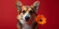 Cute dog holding flower in his mouth on red background. Love and romantic. Spring greeting card Royalty Free Stock Photo