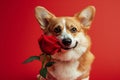 Cute dog holding flower in his mouth on red background. Love and romantic. Spring greeting card Royalty Free Stock Photo