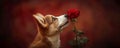 Cute dog holding flower in his mouth on red background. Love and romantic. Spring greeting card Royalty Free Stock Photo