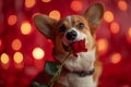 Cute dog holding flower in his mouth on red background. Love and romantic. Spring greeting card Royalty Free Stock Photo