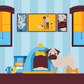 Cute dog in house, animal pet in apartment vector illustration