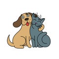 Cute dog hugs cat. vector illustration.