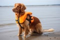 cute dog with life vest and floatation device on the beach Royalty Free Stock Photo