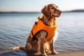 cute dog with life vest and floatation device on the beach