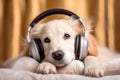 Cute dog, listening to good music, lying on the couch.generative AI