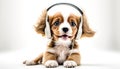 A cute dog listens to music with headphones in a white background, ai generative illustration