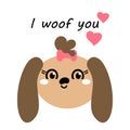 Cute dog with long ears and a pink bow. I woof you, text. Vector animal Head. Kawaii . The flat design is isolated on a white