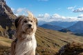 Cute dog with mountains in the background in the Puez Geisler Nationalpark in the European Alps, Italy