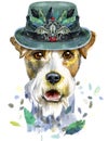 Watercolor portrait of airedale terrier dog in olive hat with raven skull and feathers Royalty Free Stock Photo