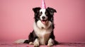 Cute dog in party hat celebrating birthday with falling confetti on pastel background Royalty Free Stock Photo