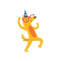 Cute dog in party hat and glsasses dancing, funny cartoon animal character at birthday party vector Illustration Royalty Free Stock Photo