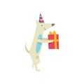 Cute dog in party hat holding gift box, funny cartoon animal character at birthday party vector Illustration Royalty Free Stock Photo