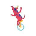 Cute dog in party hat riding unicycle, funny cartoon animal character at birthday party vector Illustration Royalty Free Stock Photo