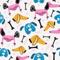 Cute dog pattern with baby animal face drawing scandinavian style. Seamless hand drawn colorful vector illustration for fabric Royalty Free Stock Photo