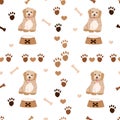 Cute dog paw print bone and foot bowl. Seamless fabric design dog lover design pattern