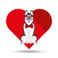 Cute dog pet with siberian glasses heart background