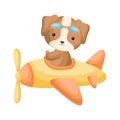 Cute dog pilot wearing aviator goggles flying an airplane. Graphic element for childrens book, album, scrapbook, postcard, mobile Royalty Free Stock Photo