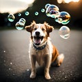 Cute dog playing with bubbles - ai generated image