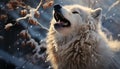 Cute dog playing in snowy forest, winter fun generated by AI