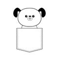 Cute dog in the pocket. Doodle contour linear sketch. Cartoon animals. Puppy pooch character. Dash line. Pet animal. White and bla