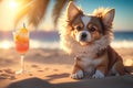 Cute dog posing on the beach with colorful cocktail ai generative Royalty Free Stock Photo