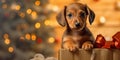 Cute dog puppy inside golden Christmas gift box with copy space Royalty Free Stock Photo