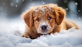 Cute dog puppy lying in the snow. Blurry background