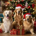 Cute dog puppy retriever with christmas gift boxes concept photo poster merry present red new year Royalty Free Stock Photo