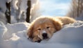 Cute dog sleeping in snow. Blurry background