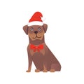 Cute dog in red santas hat. Christmas puppy winter cartoon illustration.