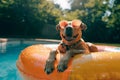 Cute dog relaxing in a summer swimming pool inflatable ring float Royalty Free Stock Photo