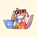 Cute dog on remote, online work concept. Fluffy shiba relax in sunglasses with laptop on deck chair, funny puppy on Royalty Free Stock Photo