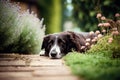 Cute dog resting in the garden. Royalty Free Stock Photo