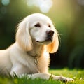 Cute dog resting on grass in garden. Royalty Free Stock Photo